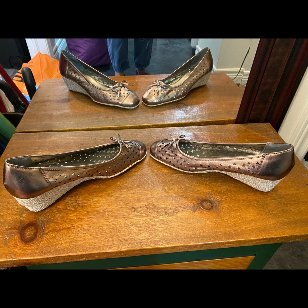 5/$25 Bronze Wedge Shoes with woven heels.